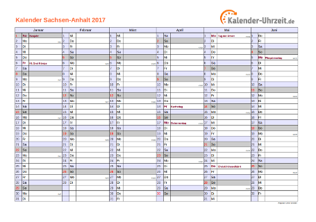 Sachsen-Anhalt Kalender 2017 mit Feiertagen - quer-zweiseitig