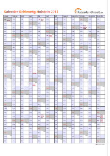 Schleswig-Holstein Kalender 2017 mit Feiertagen - hoch-einseitig