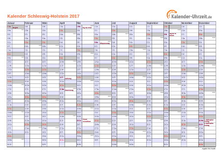 Schleswig-Holstein Kalender 2017 mit Feiertagen - quer-einseitig