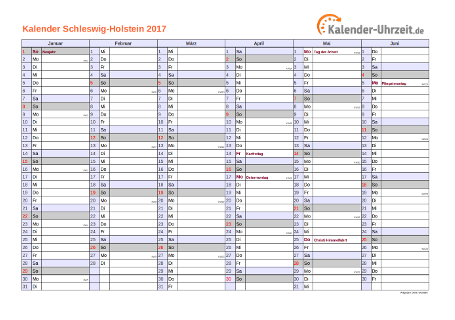 Schleswig-Holstein Kalender 2017 mit Feiertagen - quer-zweiseitig