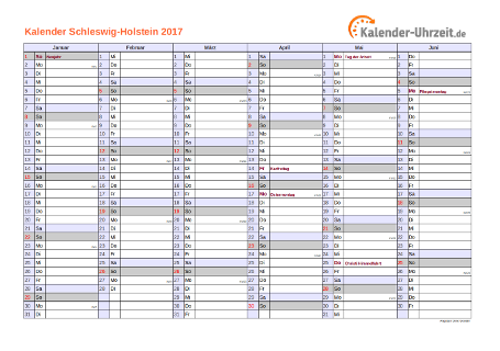 Schleswig-Holstein Kalender 2017 - A4 quer-zweiseitig Schleswig-Holstein Kalender 2017 mit Feiertagen - quer-zweiseitig