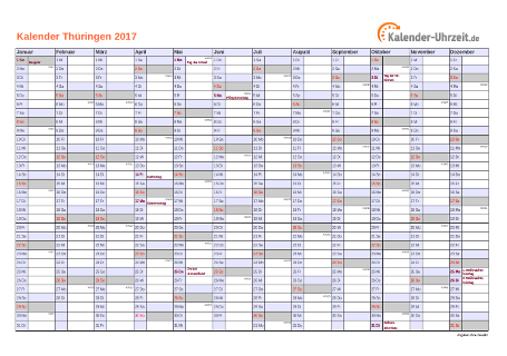 Thüringen Kalender 2017 mit Feiertagen - quer-einseitig