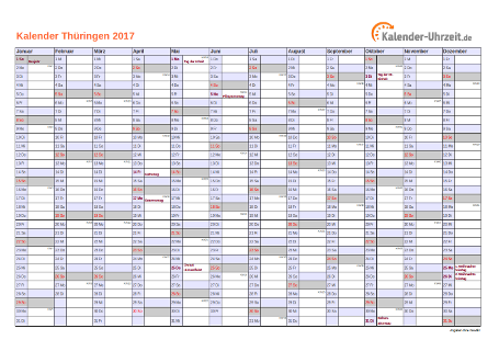 Thüringen Kalender 2017 - A4 quer-einseitig Thüringen Kalender 2017 mit Feiertagen - quer-einseitig