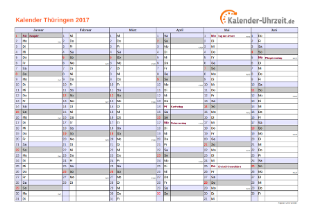 Thüringen Kalender 2017 mit Feiertagen - quer-zweiseitig