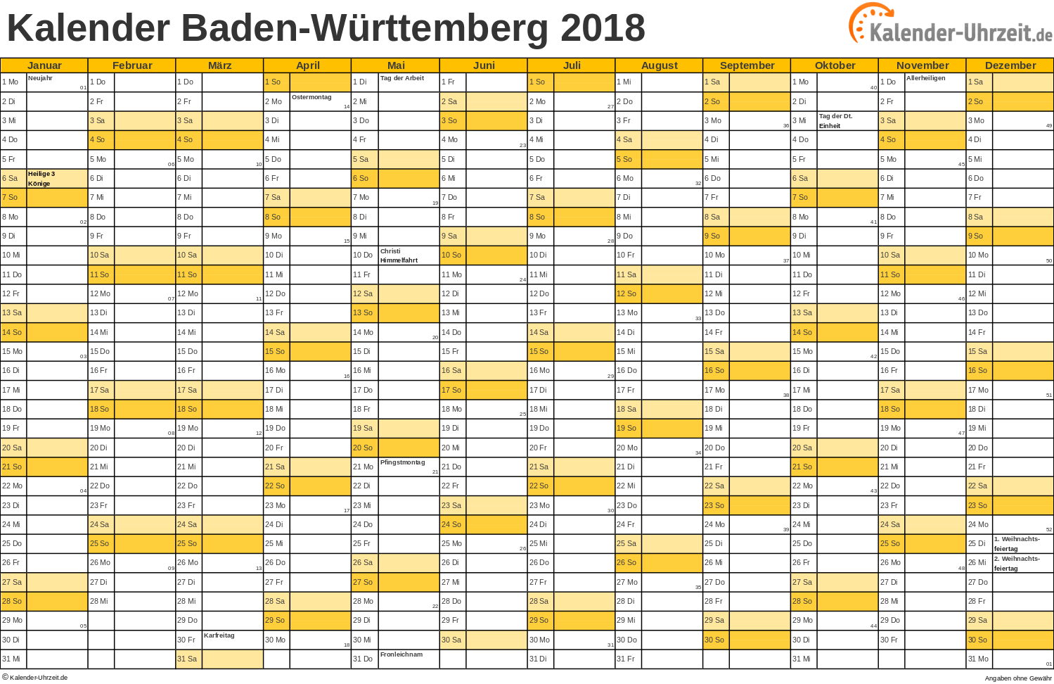 Baden-Württemberg Kalender 2018 mit Feiertagen - quer-einseitig
