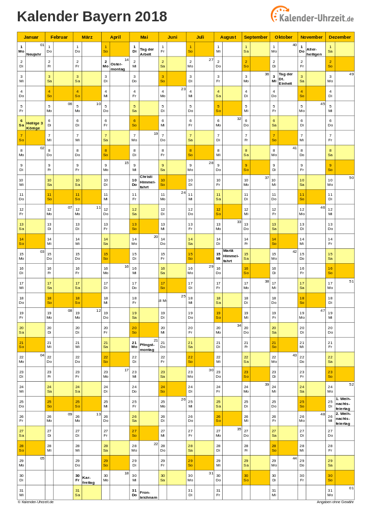 Bayern Kalender 2018 mit Feiertagen - hoch-einseitig