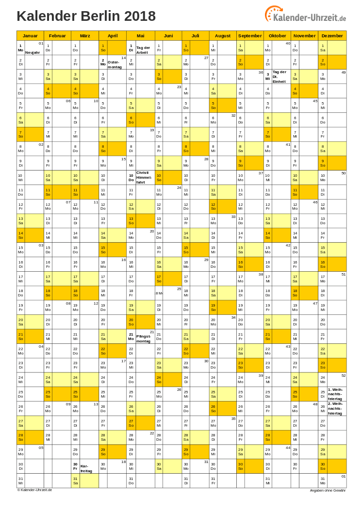 Berlin Kalender 2018 mit Feiertagen - hoch-einseitig