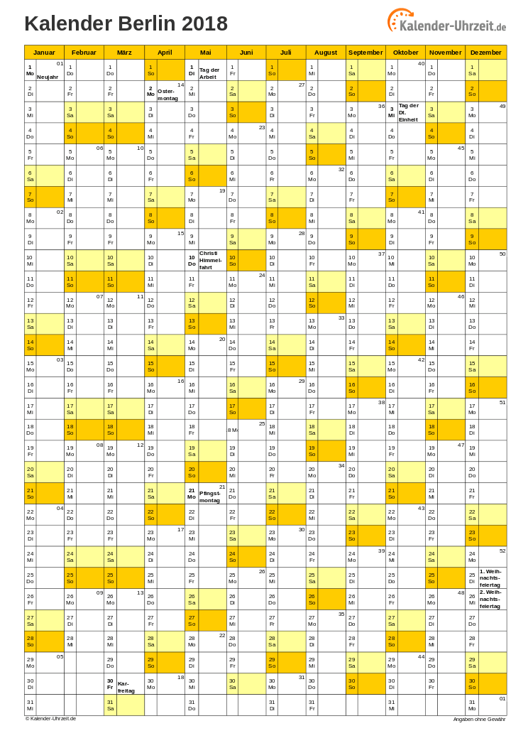 Berlin Kalender 2018 - A4 hoch-einseitig Berlin Kalender 2018 mit Feiertagen - hoch-einseitig