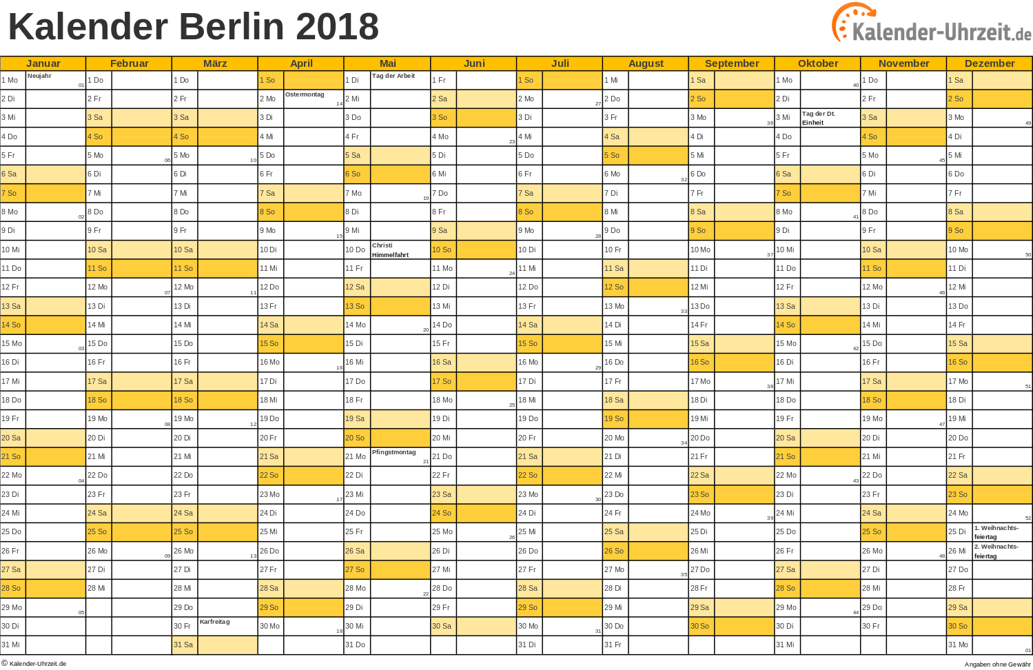 Berlin Kalender 2018 mit Feiertagen - quer-einseitig