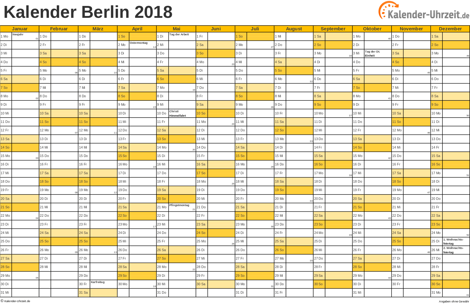 Berlin Kalender 2018 - A4 quer-einseitig Berlin Kalender 2018 mit Feiertagen - quer-einseitig