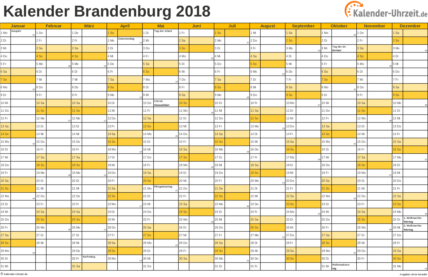 Brandenburg Kalender 2018 mit Feiertagen - quer-einseitig