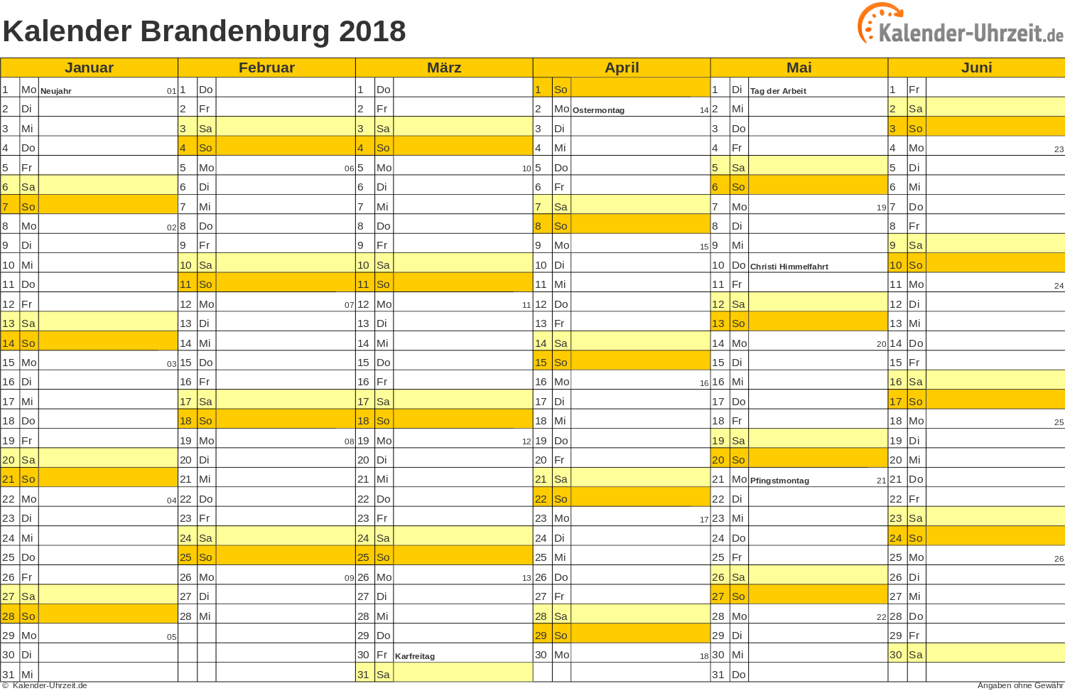 Brandenburg Kalender 2018 mit Feiertagen - quer-zweiseitig