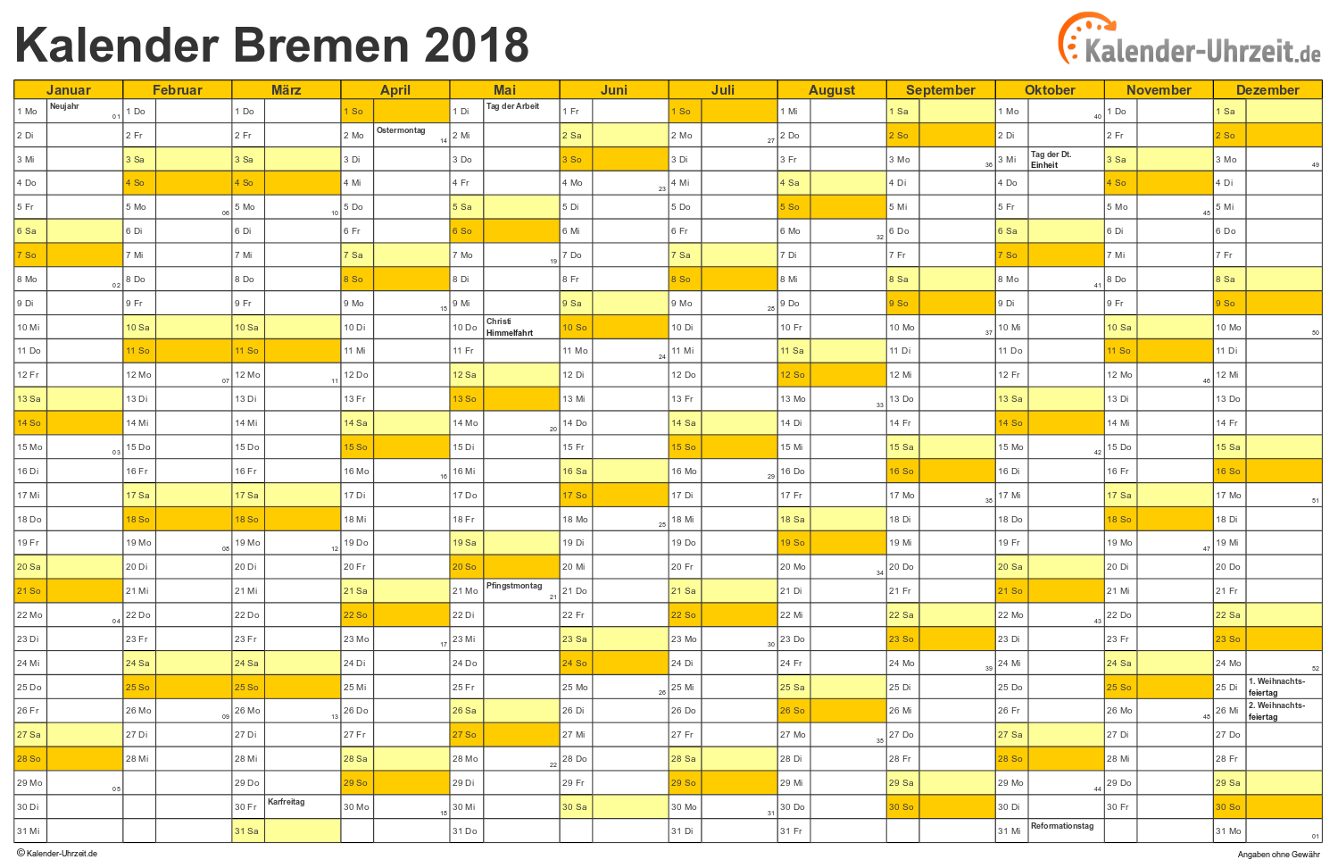 Bremen Kalender 2018 mit Feiertagen - quer-einseitig