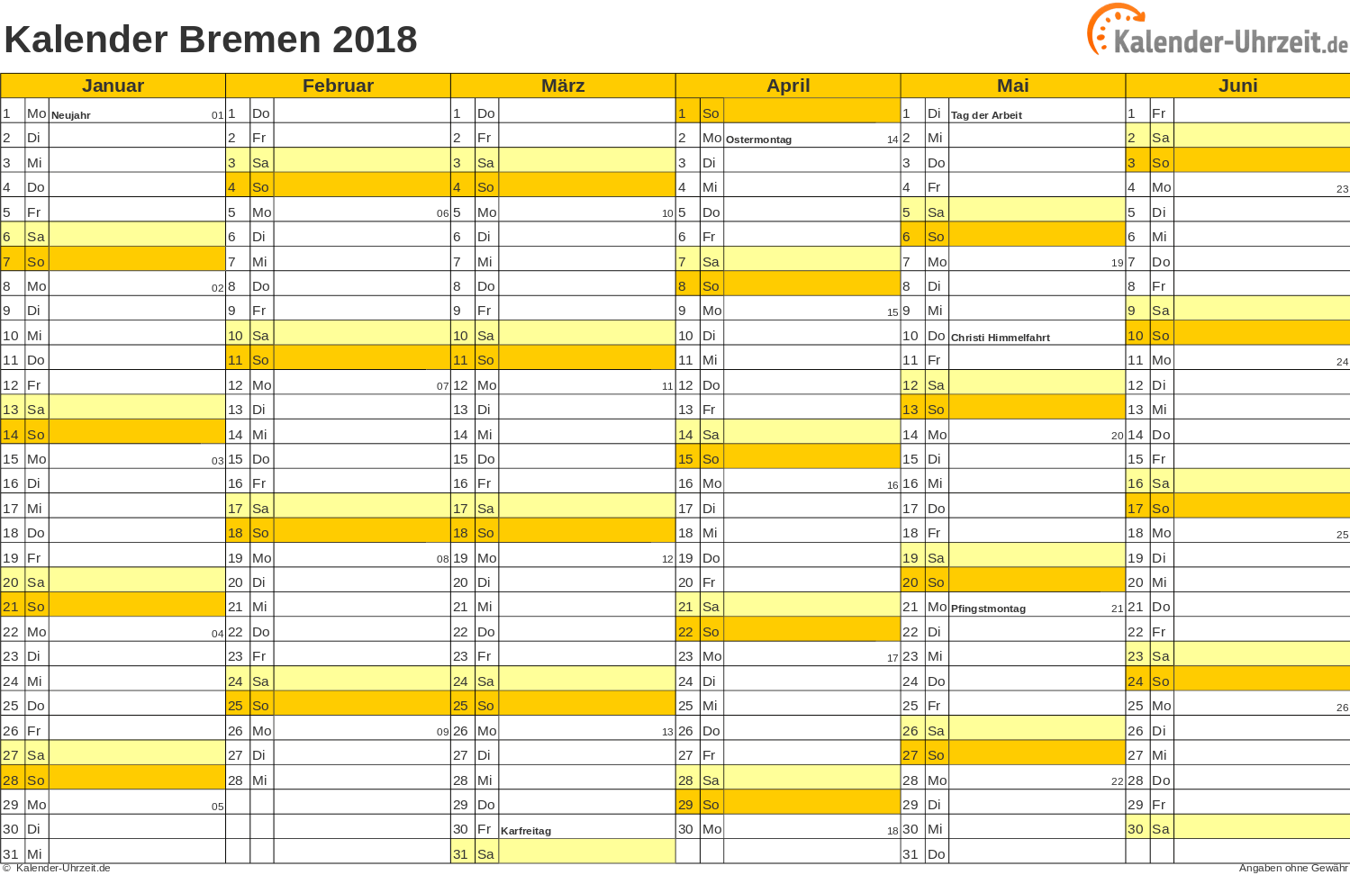 Bremen Kalender 2018 mit Feiertagen - quer-zweiseitig