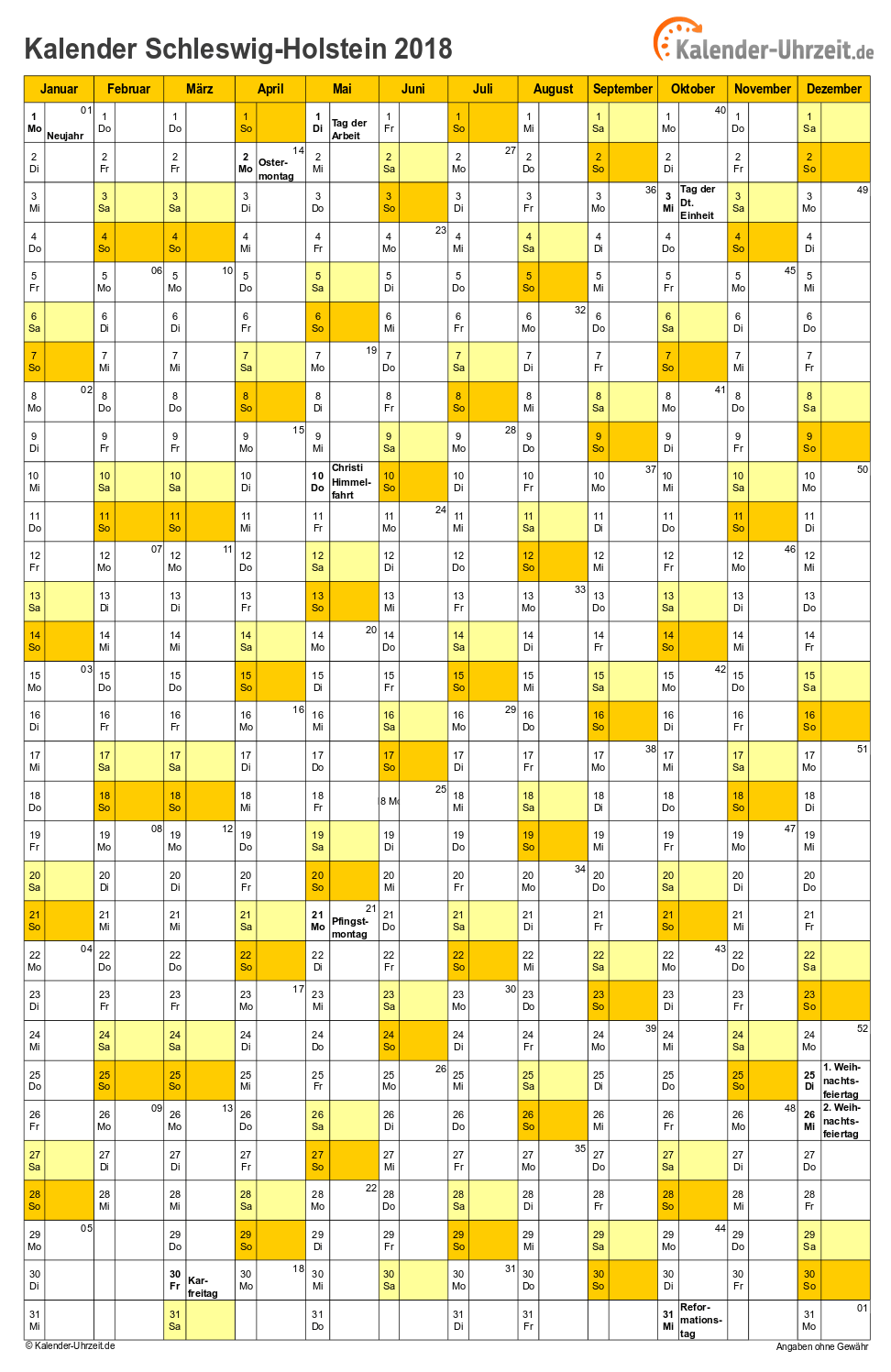 Hamburg Kalender 2018 mit Feiertagen - hoch-einseitig