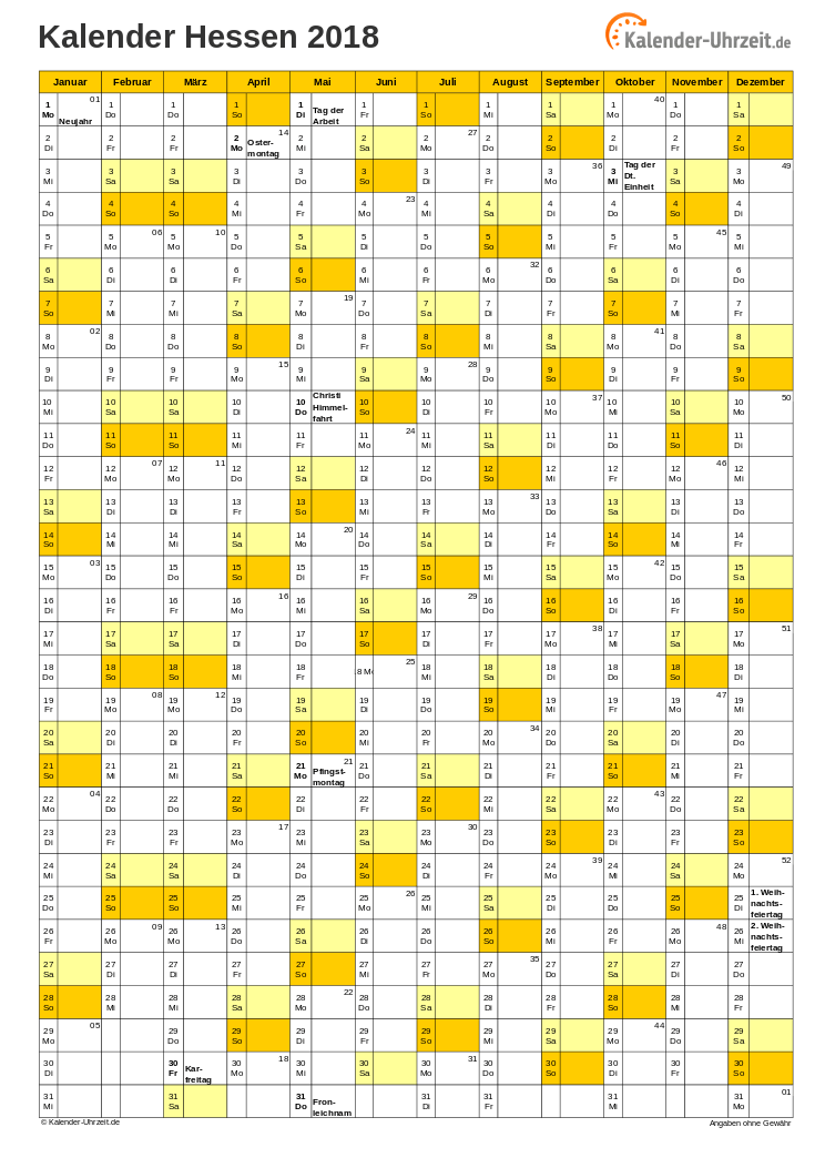 Hessen Kalender 2018 mit Feiertagen - hoch-einseitig