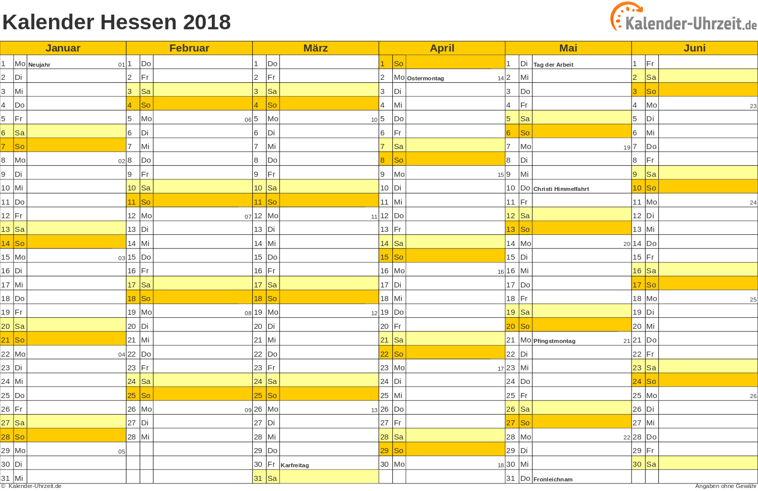 Hessen Kalender 2018 mit Feiertagen - quer-zweiseitig