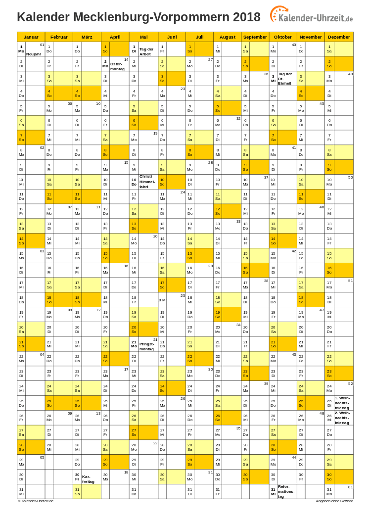 Meck.-Pomm. Kalender 2018 - A4 hoch-einseitig Meck.-Pomm. Kalender 2018 mit Feiertagen - hoch-einseitig