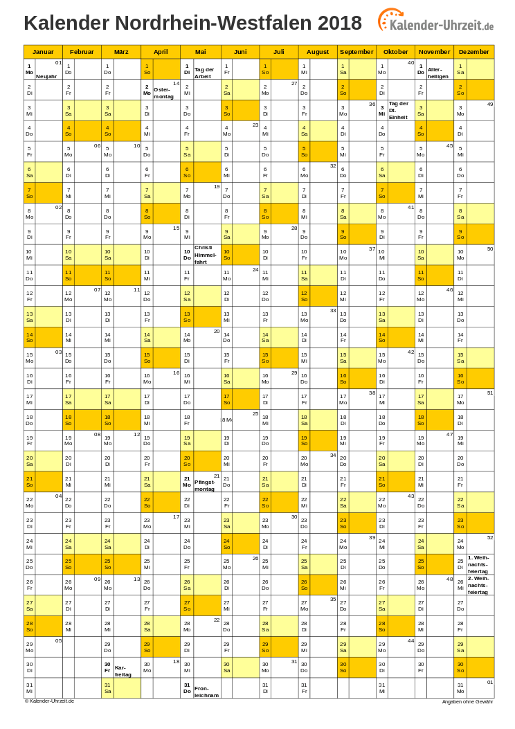 Nordrhein-Westfalen Kalender 2018 - A4 hoch-einseitig Nordrhein-Westfalen Kalender 2018 mit Feiertagen - hoch-einseitig