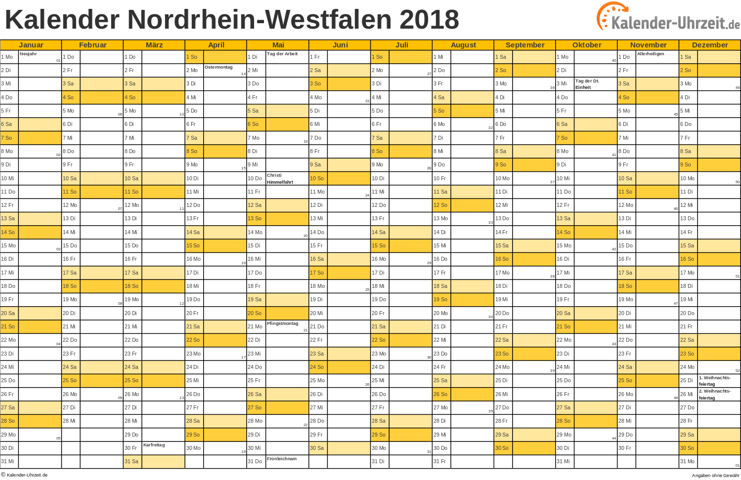 Nordrhein-Westfalen Kalender 2018 - A4 quer-einseitig Nordrhein-Westfalen Kalender 2018 mit Feiertagen - quer-einseitig
