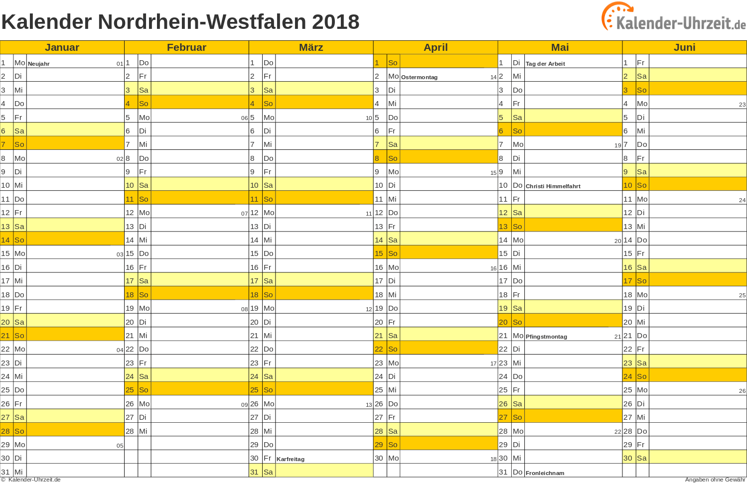 Nordrhein-Westfalen Kalender 2018 mit Feiertagen - quer-zweiseitig