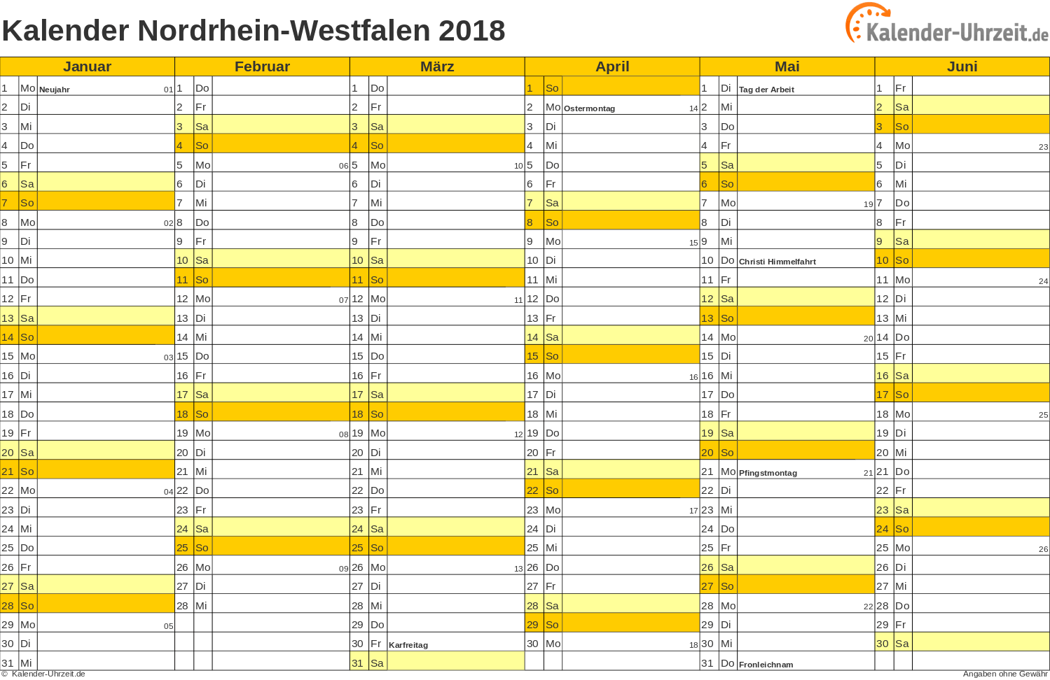 Nordrhein-Westfalen Kalender 2018 - A4 quer-zweiseitig Nordrhein-Westfalen Kalender 2018 mit Feiertagen - quer-zweiseitig