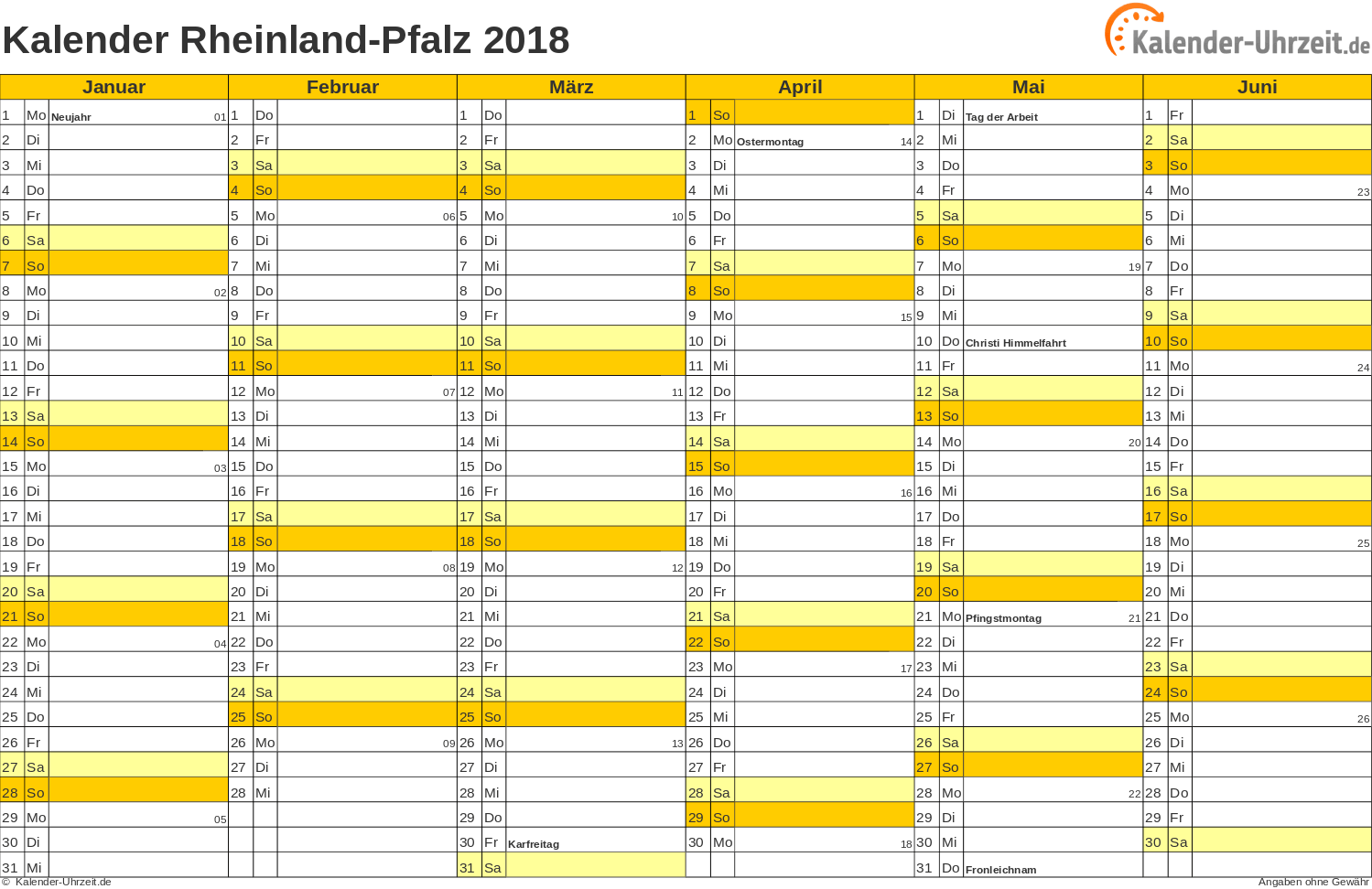 Rheinland-Pfalz Kalender 2018 mit Feiertagen - quer-zweiseitig