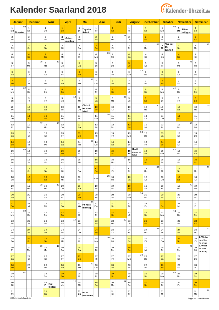 Saarland Kalender 2018 mit Feiertagen - hoch-einseitig