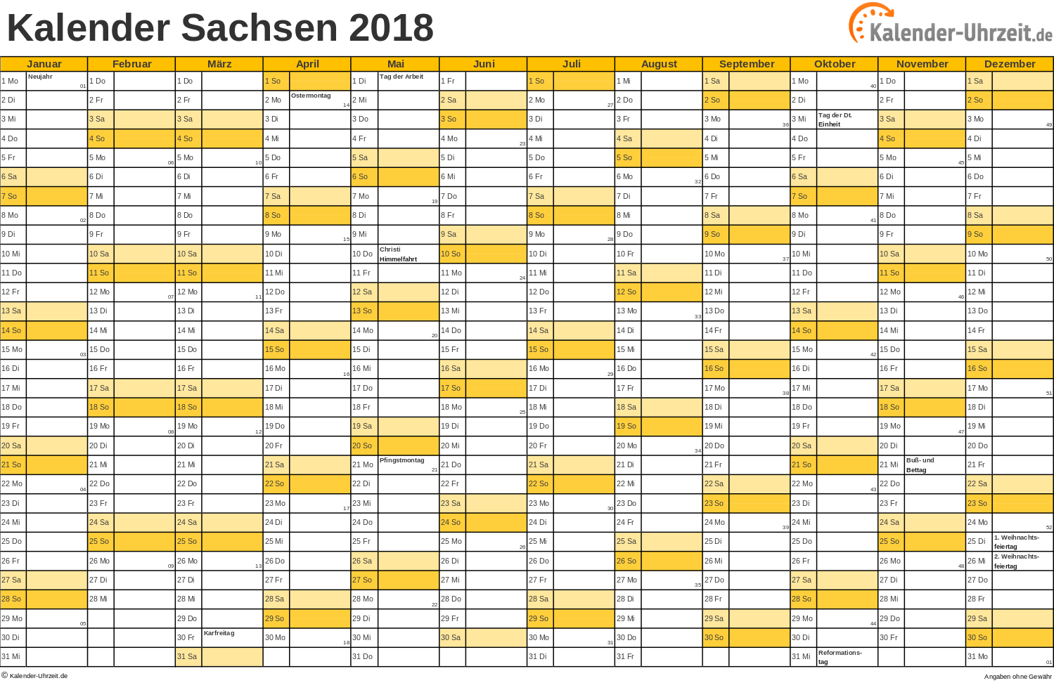 Sachsen Kalender 2018 mit Feiertagen - quer-einseitig