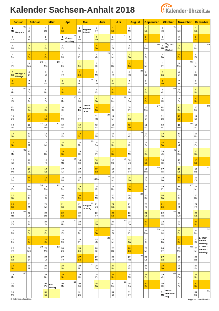 Sachsen-Anhalt Kalender 2018 mit Feiertagen - hoch-einseitig