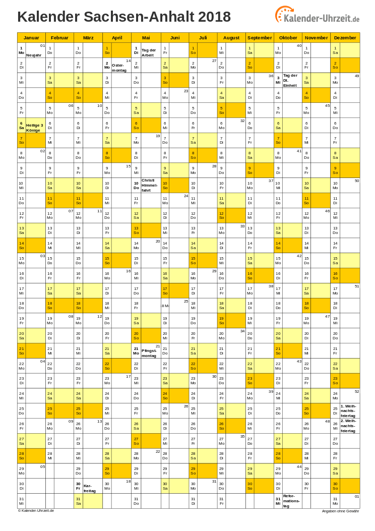 Sachsen-Anhalt Kalender 2018 - A4 hoch-einseitig Sachsen-Anhalt Kalender 2018 mit Feiertagen - hoch-einseitig