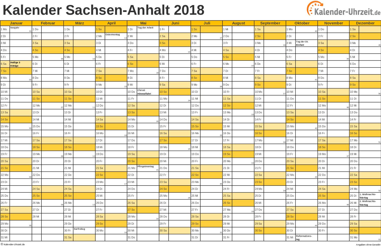 Sachsen-Anhalt Kalender 2018 - A4 quer-einseitig Sachsen-Anhalt Kalender 2018 mit Feiertagen - quer-einseitig
