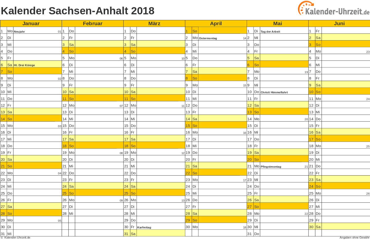 Sachsen-Anhalt Kalender 2018 mit Feiertagen - quer-zweiseitig