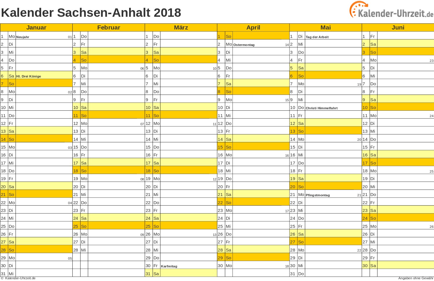 Sachsen-Anhalt Kalender 2018 - A4 quer-zweiseitig Sachsen-Anhalt Kalender 2018 mit Feiertagen - quer-zweiseitig