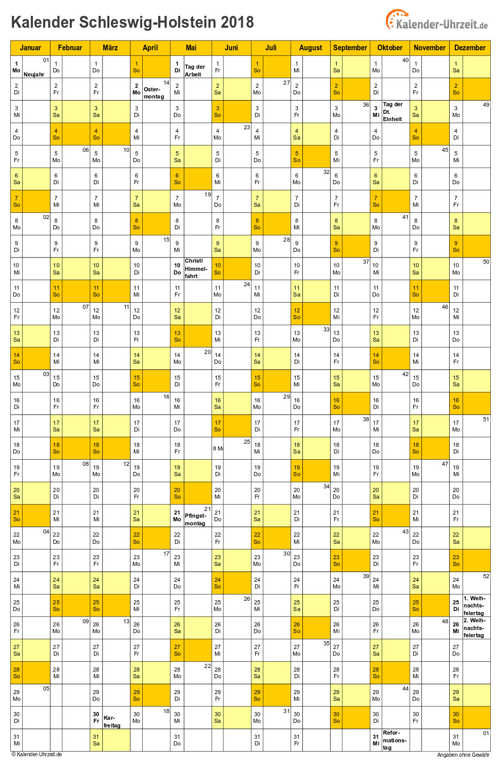 Schleswig-Holstein Kalender 2018 mit Feiertagen - hoch-einseitig