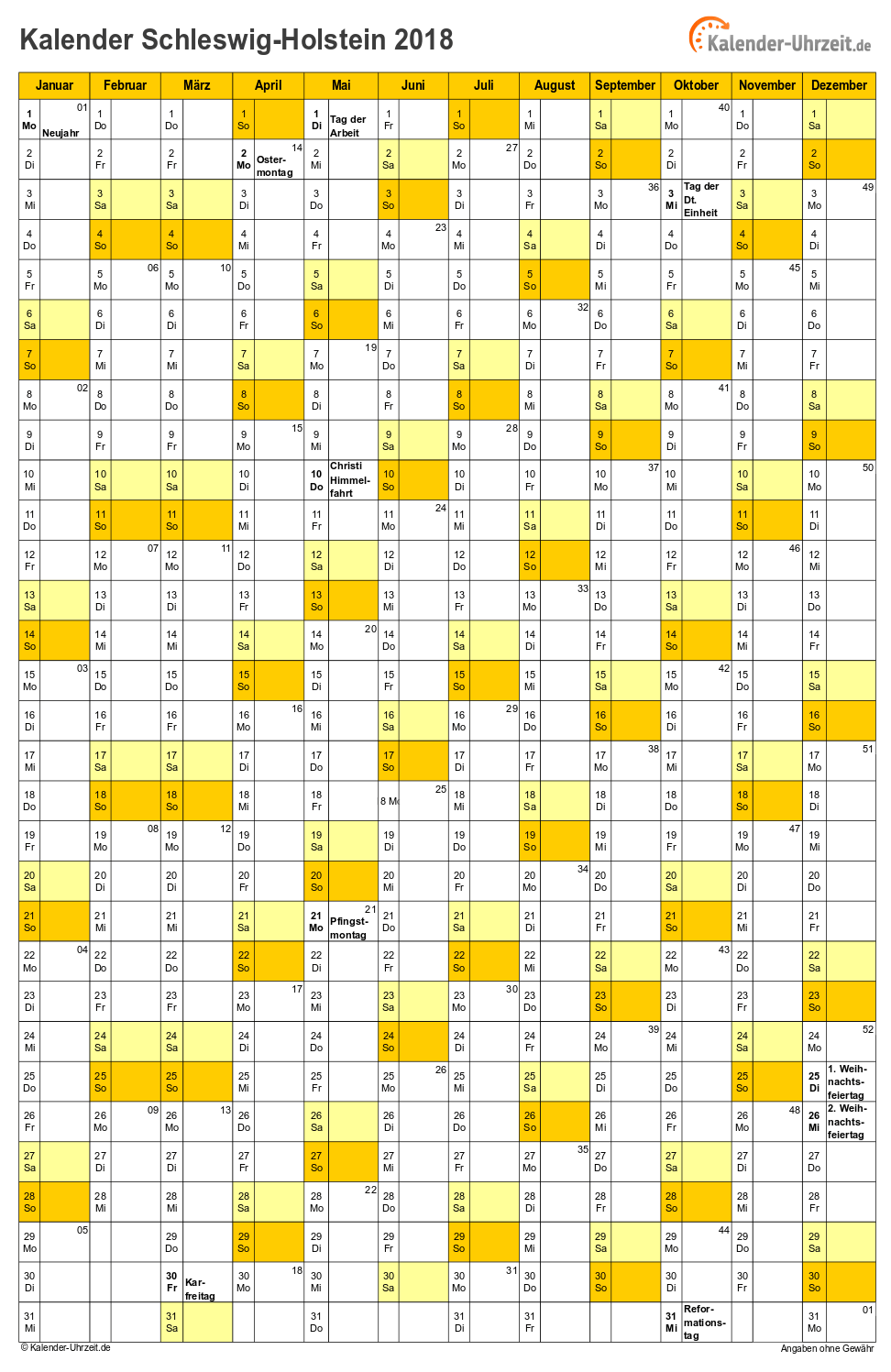 Schleswig-Holstein Kalender 2018 - A4 hoch-einseitig Schleswig-Holstein Kalender 2018 mit Feiertagen - hoch-einseitig