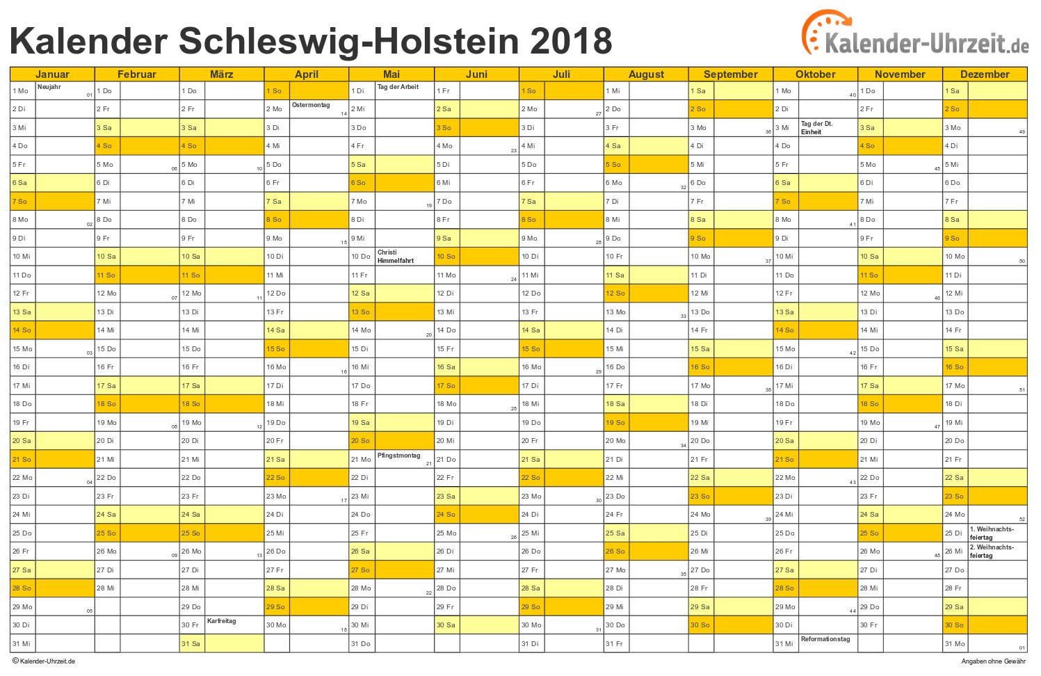 Schleswig-Holstein Kalender 2018 mit Feiertagen - quer-einseitig