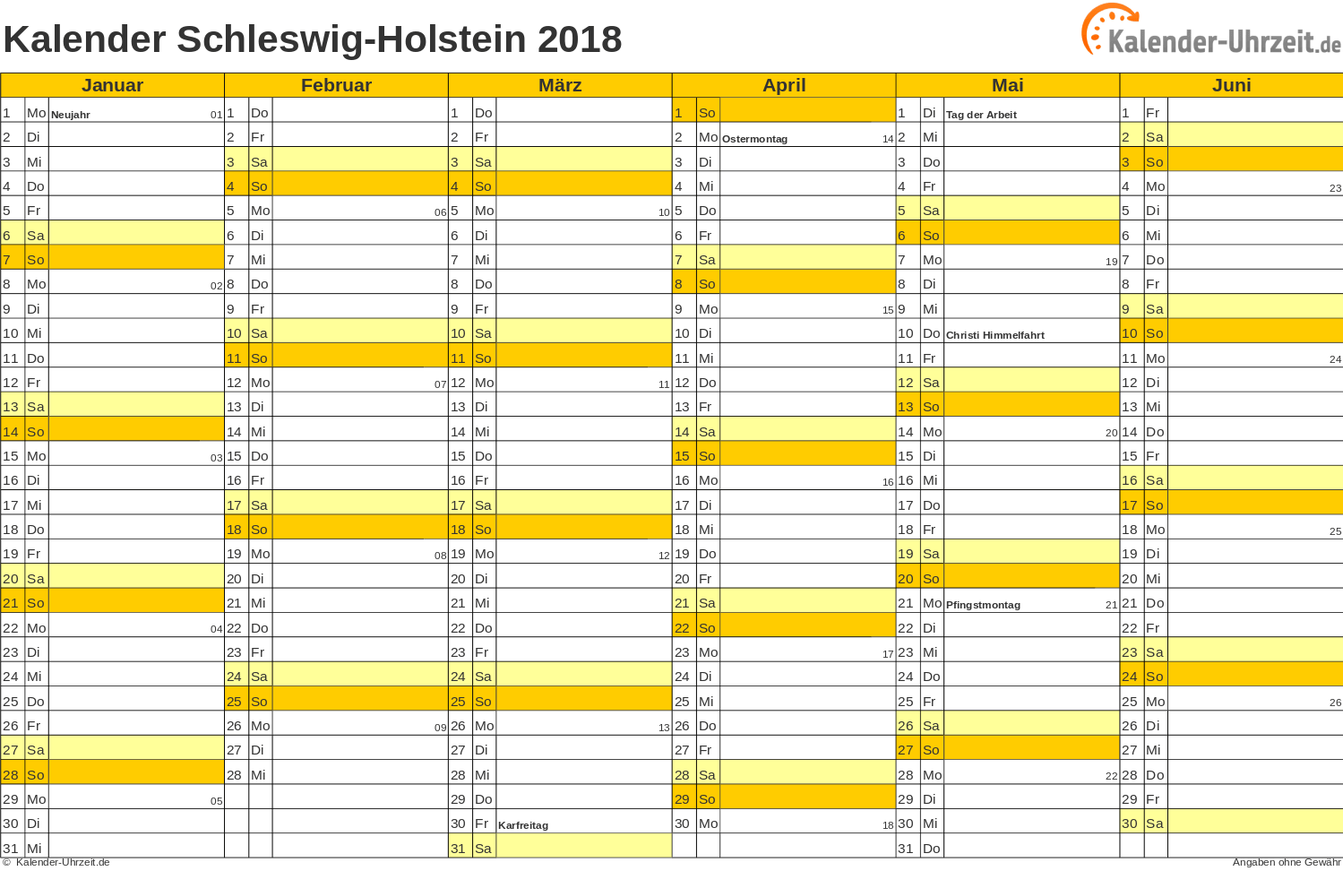 Schleswig-Holstein Kalender 2018 mit Feiertagen - quer-zweiseitig