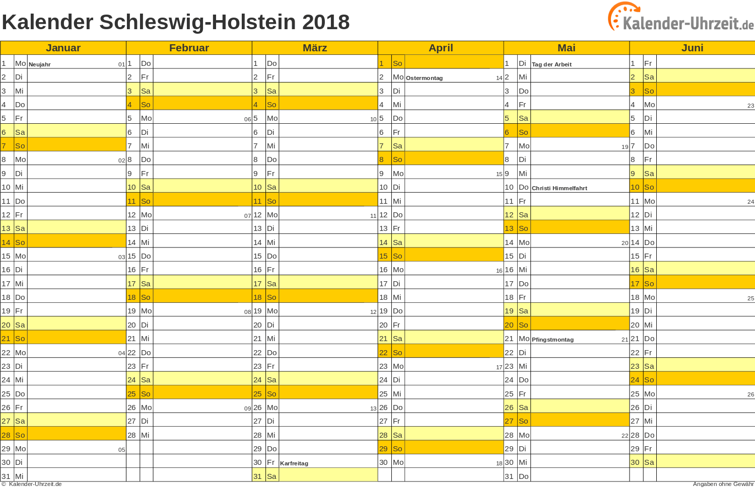 Schleswig-Holstein Kalender 2018 - A4 quer-zweiseitig Schleswig-Holstein Kalender 2018 mit Feiertagen - quer-zweiseitig