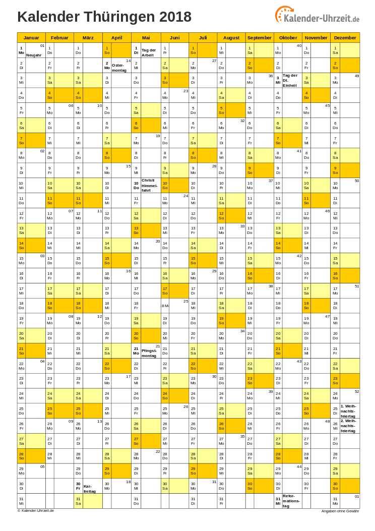 Thüringen Kalender 2018 - A4 hoch-einseitig Thüringen Kalender 2018 mit Feiertagen - hoch-einseitig
