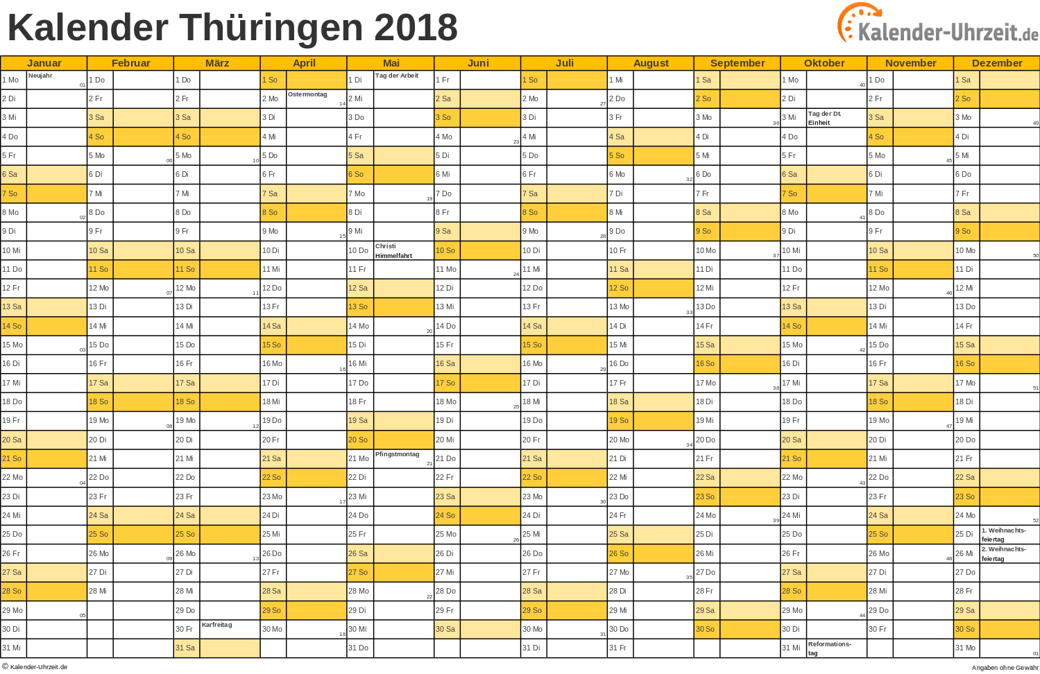 Thüringen Kalender 2018 - A4 quer-einseitig Thüringen Kalender 2018 mit Feiertagen - quer-einseitig