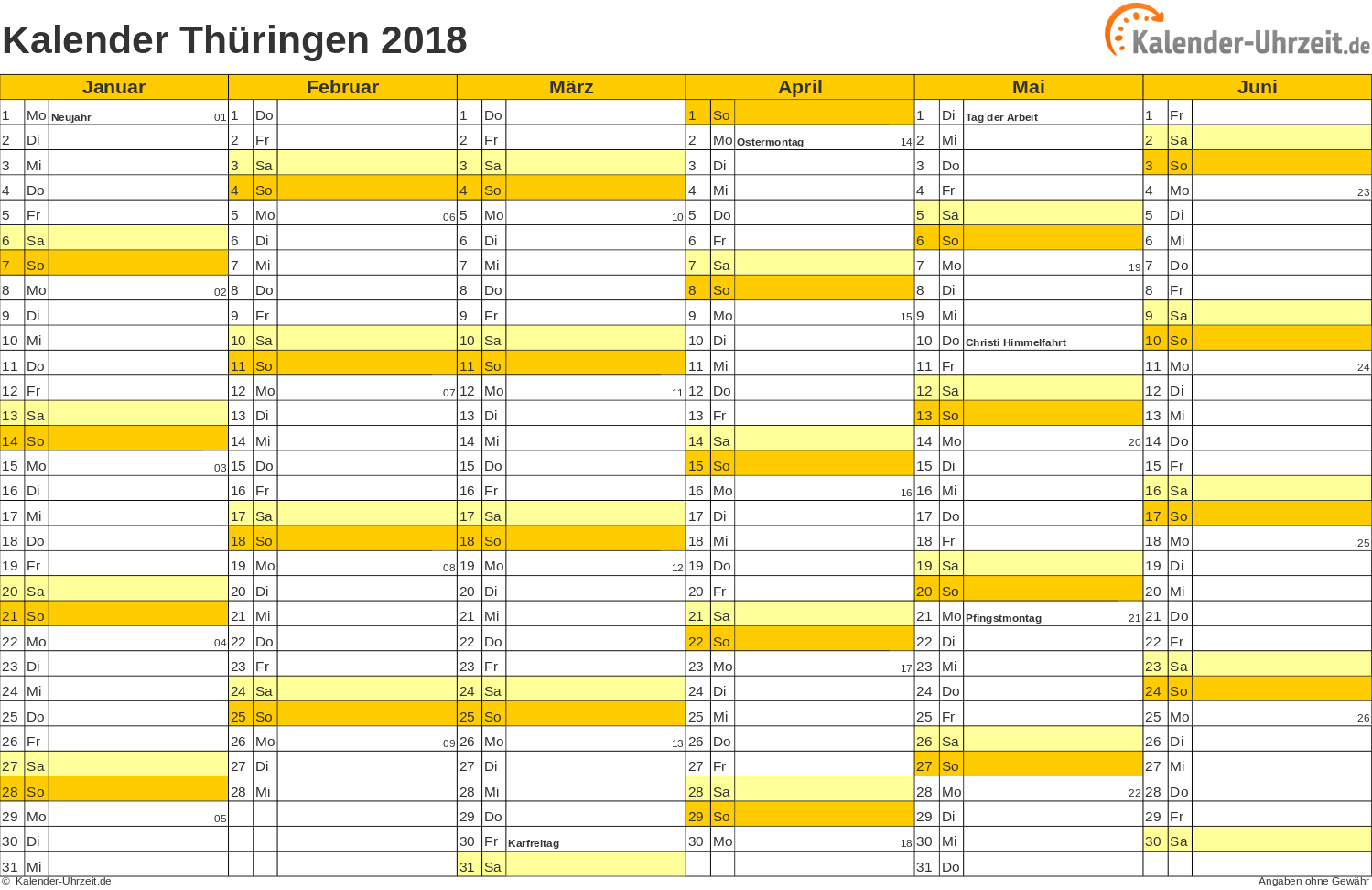 Thüringen Kalender 2018 mit Feiertagen - quer-zweiseitig