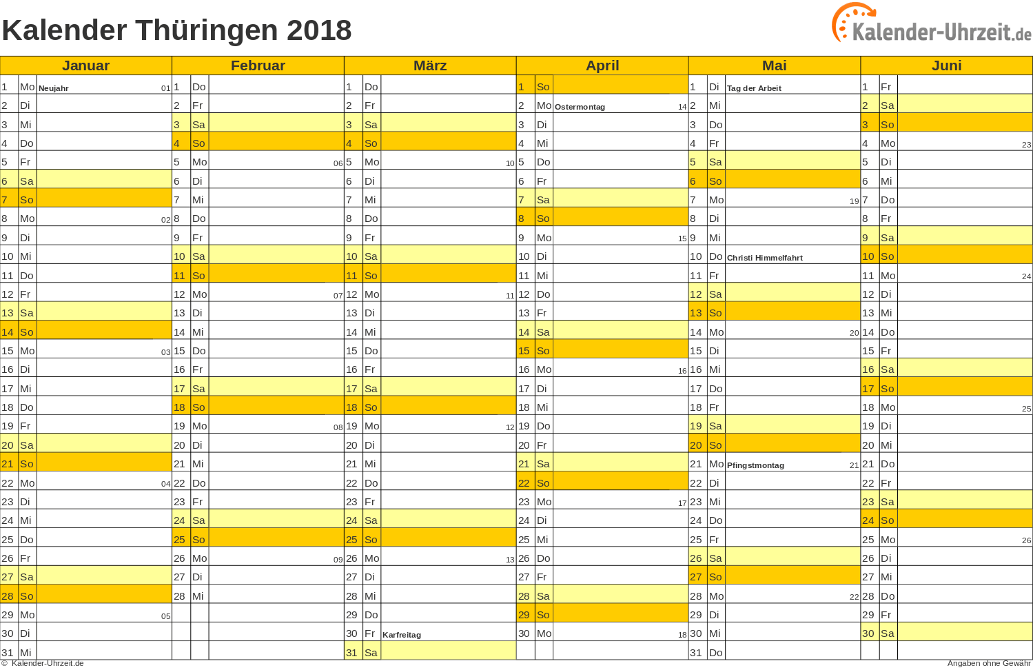 Thüringen Kalender 2018 - A4 quer-zweiseitig Thüringen Kalender 2018 mit Feiertagen - quer-zweiseitig