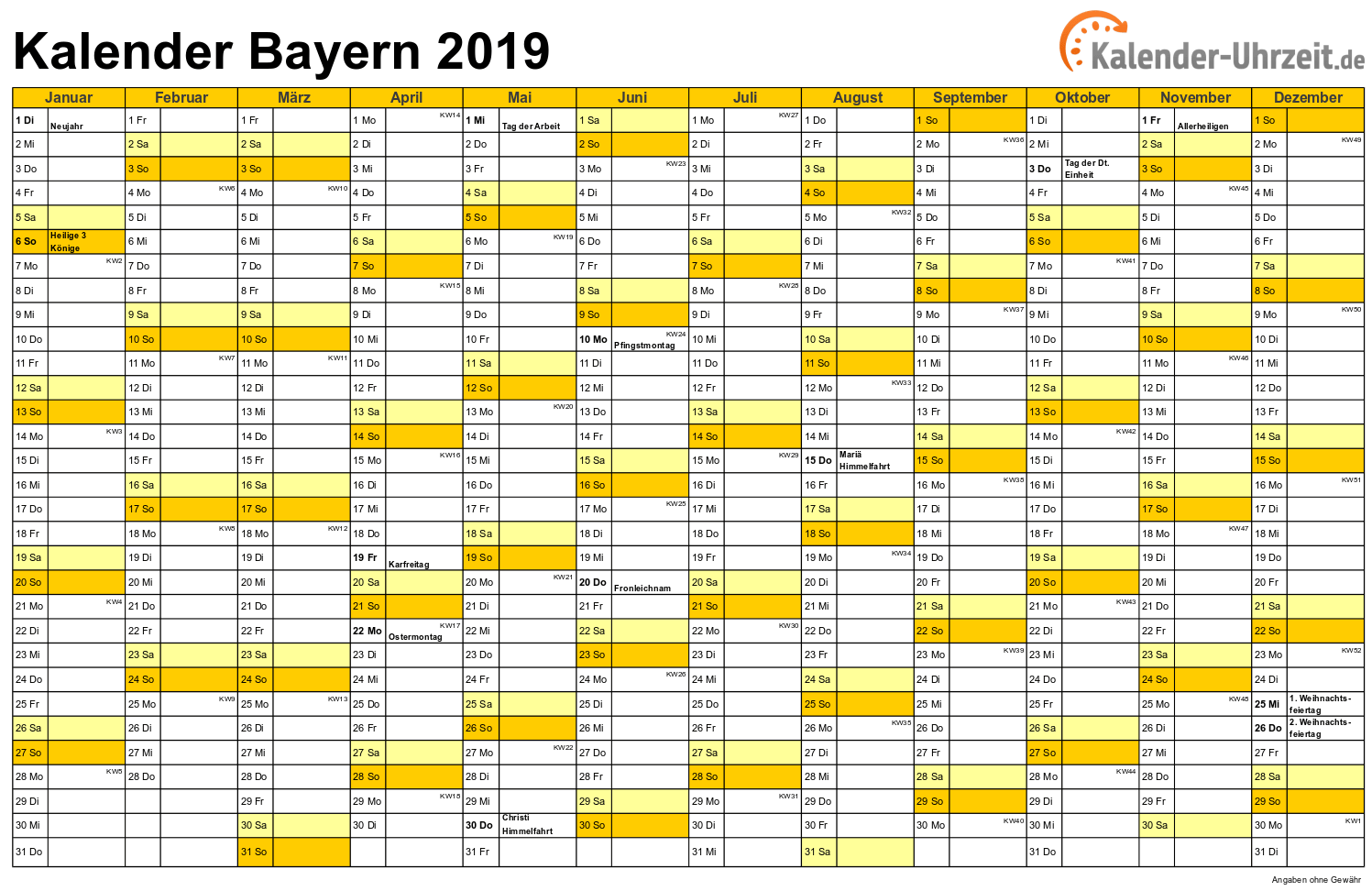 Bayern Kalender 2019 mit Feiertagen - quer-einseitig