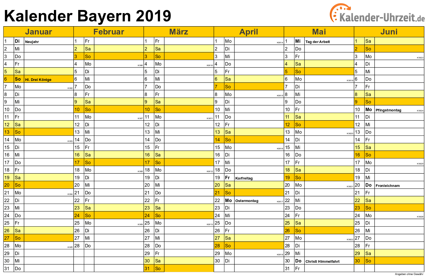 Bayern Kalender 2019 mit Feiertagen - quer-zweiseitig