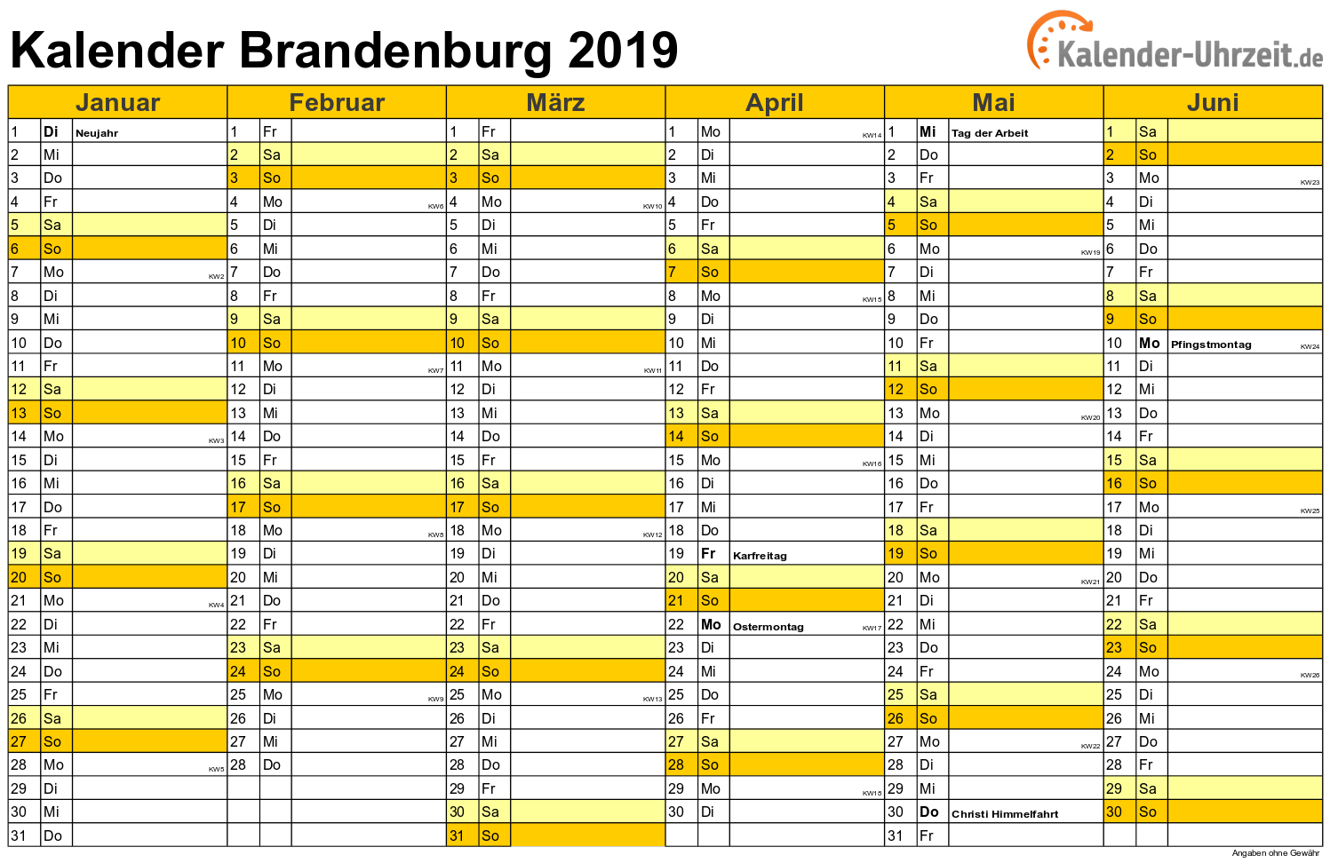 Brandenburg Kalender 2019 mit Feiertagen - quer-zweiseitig