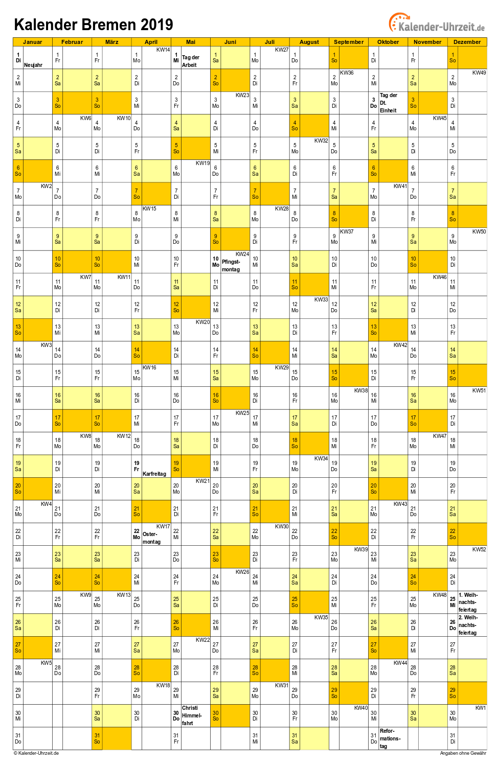 Bremen Kalender 2019 - A4 hoch-einseitig Bremen Kalender 2019 mit Feiertagen - hoch-einseitig