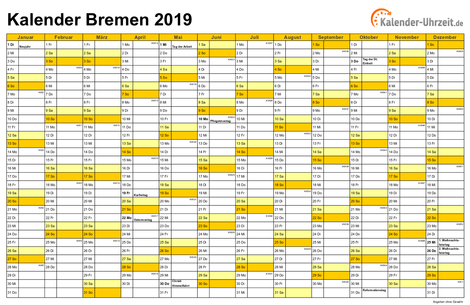 Bremen Kalender 2019 mit Feiertagen - quer-einseitig