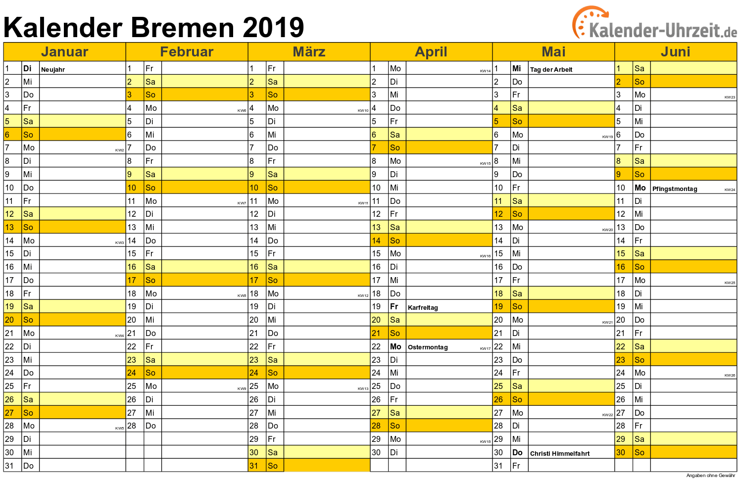 Bremen Kalender 2019 - A4 quer-zweiseitig Bremen Kalender 2019 mit Feiertagen - quer-zweiseitig