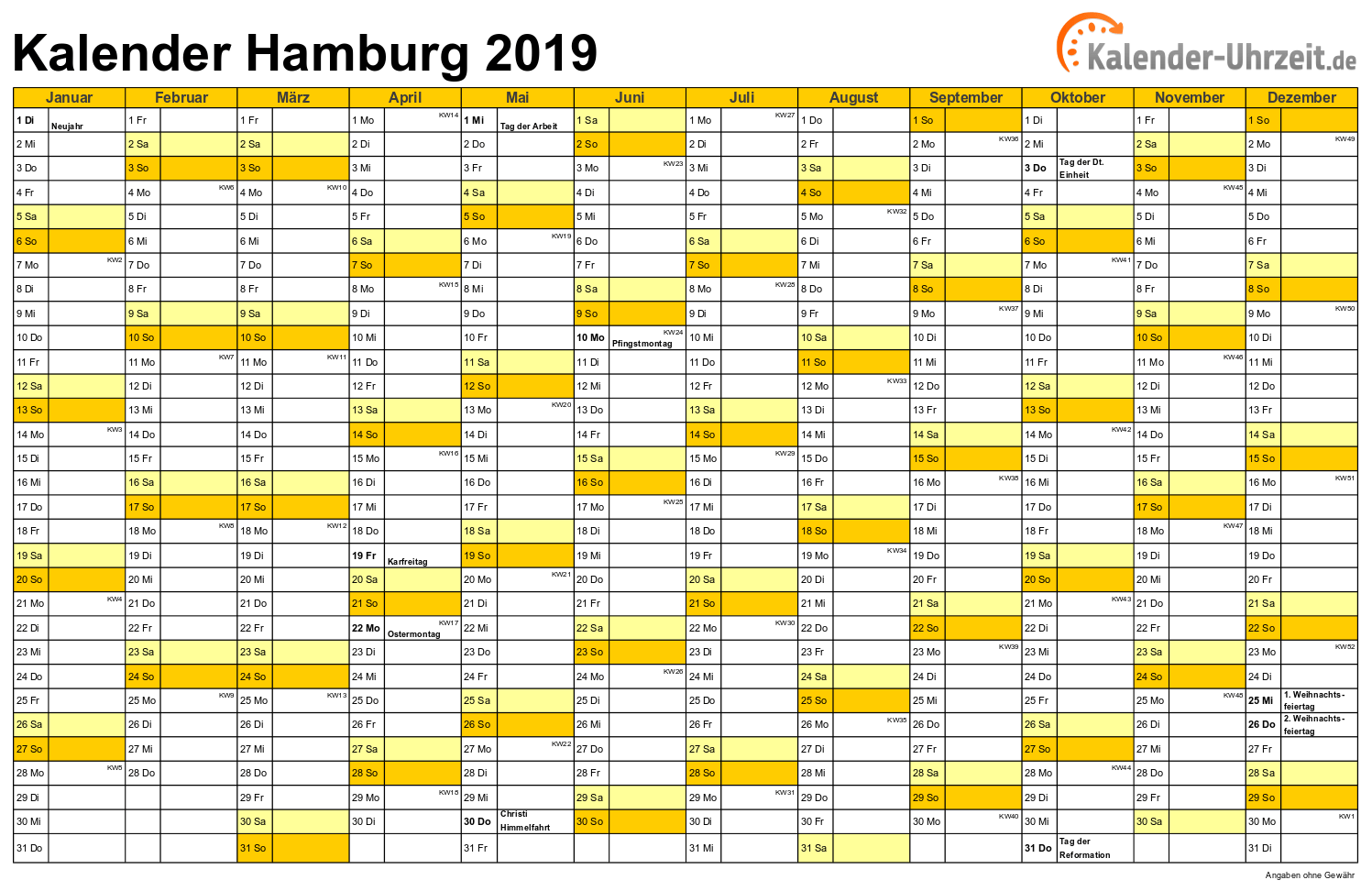 Hamburg Kalender 2019 mit Feiertagen - quer-einseitig